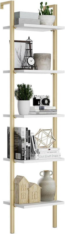 NUMENN Industrial Ladder Shelf, 5 Tier Book Shelf, Open Space Wall Mount Bookshelf with Metal Frame, Sturdy Book Shelves, Bookcase for Living Room, White and Gold - LeafyLoom