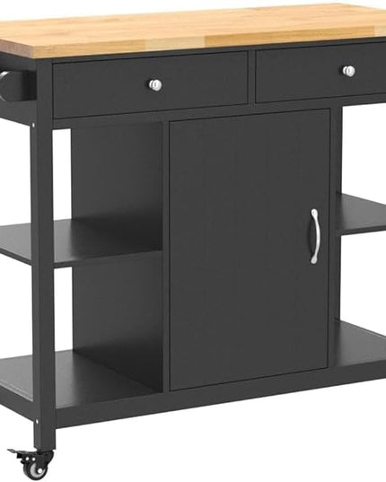 ChooChoo Kitchen Islands on Wheels with Wood Top, Utility Wood Movable Kitchen Cart with Storage and Drawers, Black - LeafyLoom