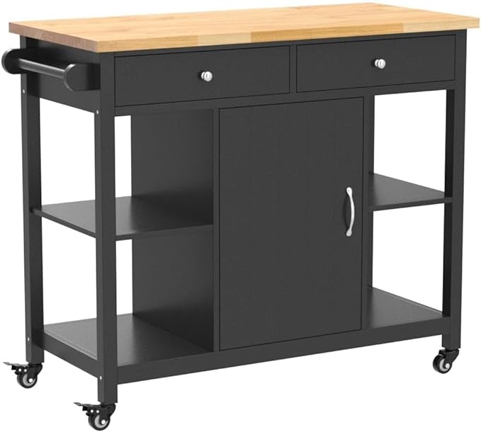 ChooChoo Kitchen Islands on Wheels with Wood Top, Utility Wood Movable Kitchen Cart with Storage and Drawers, Black - LeafyLoom