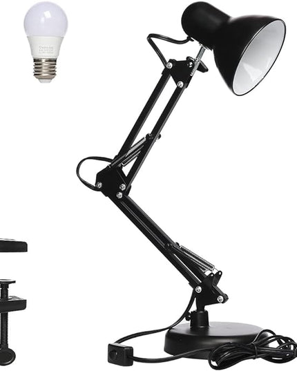 Led Desk Lamp with Clamp - Swing Arm Desk Lamp with 1 LED Cold Light Bulbs 6500K - Folding Table Lamp，Used for Office, Work, Study, Dormitory Reading and Eye Protection Desk Lamp (Black-01) - LeafyLoom