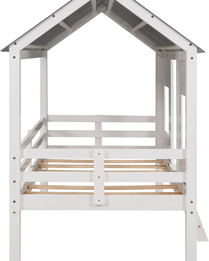 Twin Size Low Loft House Bed with Roof and Two Front Windows, Perfect for Kids Bedroom,Space Saving Design & No Box Spring Needed,80.4"x45.2"x71.4", White - LeafyLoom