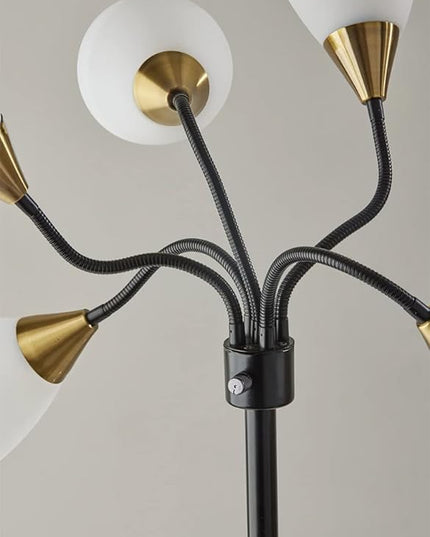 Adesso 7205-01 Multi-White Shade Floor Lamp, Adjustable Gooseneck Arms, Black w. Antique Brass Accents - LeafyLoom