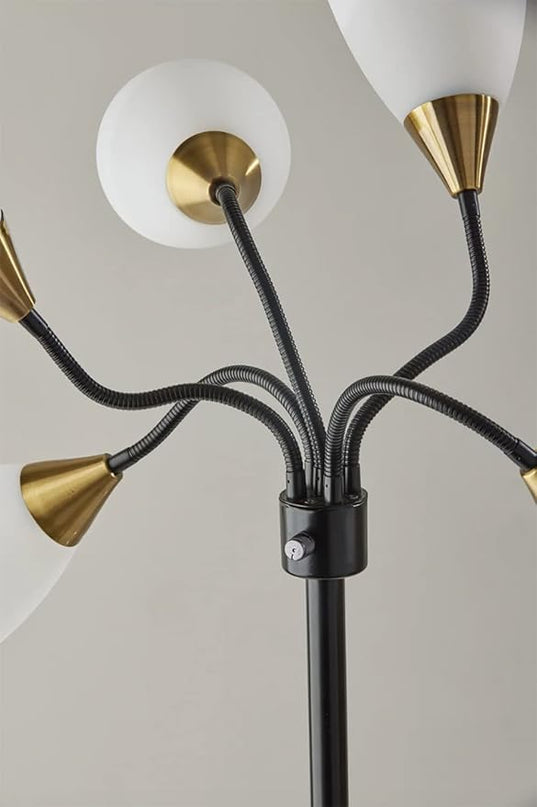 Adesso 7205-01 Multi-White Shade Floor Lamp, Adjustable Gooseneck Arms, Black w. Antique Brass Accents - LeafyLoom