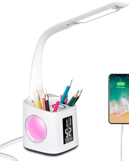 Donewin LED Desk Lamp with USB Charging Port&Pen Holder, Study Light with Clock, Kawaii Desk Accessories, Study Lamp for Kids/Girls/Boys,Desk Light for Office/Reading, Colorful Night Light,10W - LeafyLoom