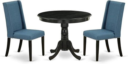 East West Furniture Antique 3 Piece Modern Set Contains a Round Kitchen Table with Pedestal and 2 Blue Linen Fabric Parson Dining Chairs, 36x36 Inch, ANFL3-ABK-21 - LeafyLoom