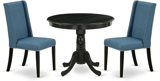 East West Furniture Antique 3 Piece Modern Set Contains a Round Kitchen Table with Pedestal and 2 Blue Linen Fabric Parson Dining Chairs, 36x36 Inch, ANFL3-ABK-21 - LeafyLoom