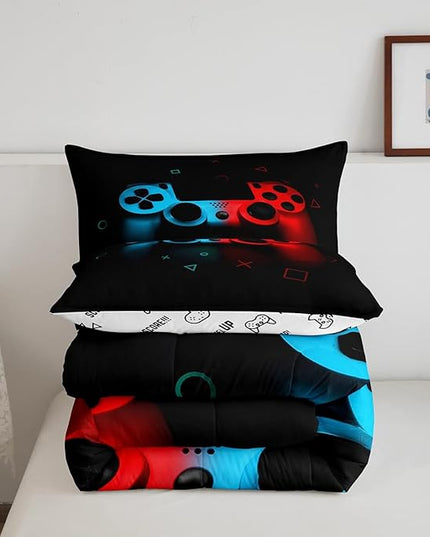 Erosebridal Boys Gamepad Comforter Set King,Play Gamer Bedding Set Kid Young Man Video Games Down for Teen Child Game Room Decor Black Classic Retro Gaming Quilt Duvet Set with Controller Button - LeafyLoom