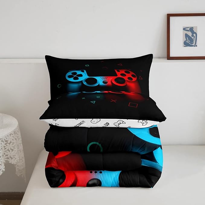Erosebridal Boys Gamepad Comforter Set King,Play Gamer Bedding Set Kid Young Man Video Games Down for Teen Child Game Room Decor Black Classic Retro Gaming Quilt Duvet Set with Controller Button - LeafyLoom