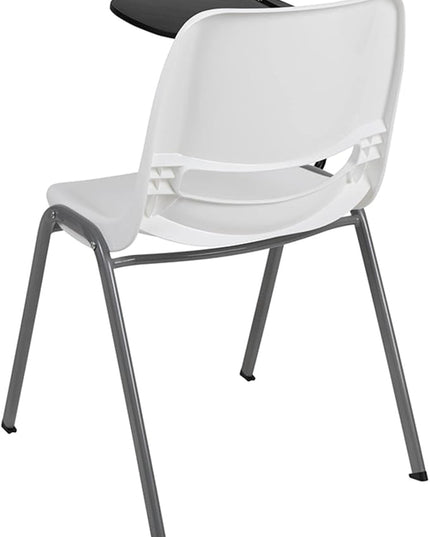 Flash Furniture HERCULES White Ergonomic Shell Chair with Right Handed Flip-Up Tablet Arm - LeafyLoom