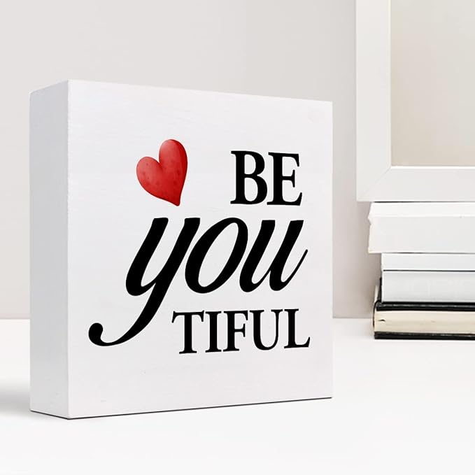 Be You Tiful Sign,Inspirational Quote Wood Box Sign,Motivational Wooden Block Signs,Positive Wood Signs,Decorations for Home Women Girl Room Office Shelf Table Decor - LeafyLoom