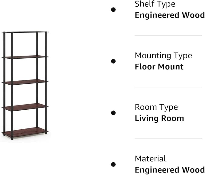 Furinno Turn-N-Tube 5-Tier Multipurpose Shelf / Display Rack / Storage Shelf / Bookshelf, Round Tubes, Dark Cherry/Black - LeafyLoom