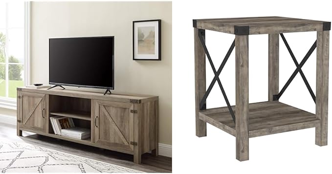 Walker Edison Georgetown Modern Farmhouse Double Barn Door TV Stand for TVs up to 80 Inches, 70 Inch, Grey Wash, Without Fireplace & Sedalia Modern Farmhouse Metal X Side Table, 18 Inch, Grey Wash - LeafyLoom