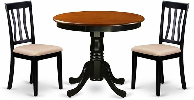 East West Furniture ANTI3-BLK-C Antique 3 Piece Kitchen Set for Small Spaces Contains a Round Dining Room Table with Pedestal and 2 Linen Fabric Upholstered Chairs, 36x36 Inch - LeafyLoom