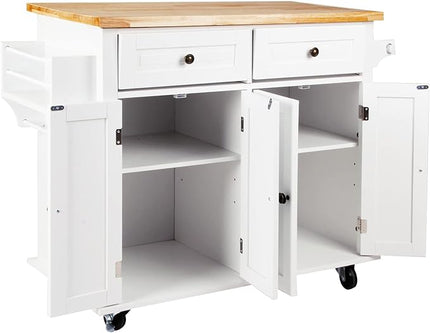 soges Rolling Kitchen Island Cart with Storage, Wood Trolley Cart with Spice and Towel Rack, Mobile Kitchen Storage Cabinet Island Table on Wheels, Serving Cart with Cabinet and Drawers,FZSR-HT01WT - LeafyLoom