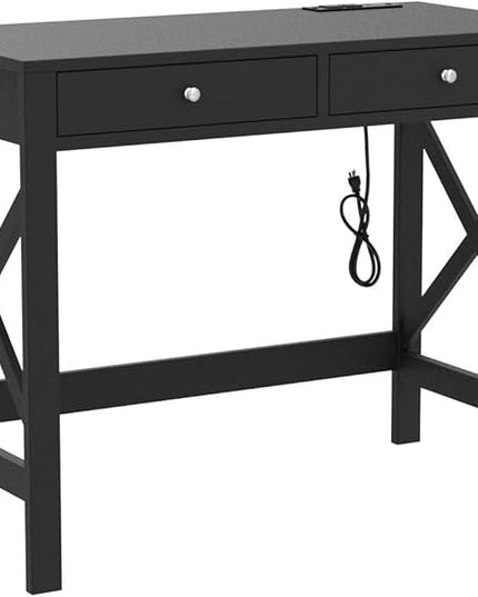 ChooChoo Computer Desk with USB Charging Ports and Power Outlets, 39" Black Desk with Drawers, Small Study Writing Table with Stable X Frame for Home Office - LeafyLoom