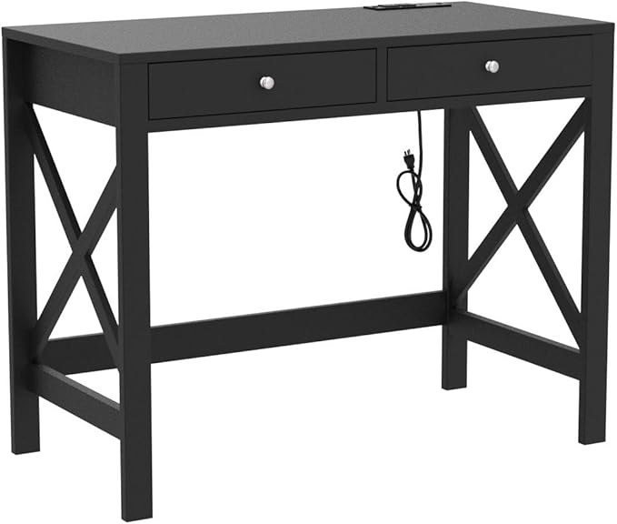ChooChoo Computer Desk with USB Charging Ports and Power Outlets, 39" Black Desk with Drawers, Small Study Writing Table with Stable X Frame for Home Office - LeafyLoom