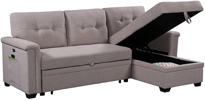 84Inch Sofa with USB Charging Ports and Pocket,Solid Wood Frame Dsign, Linen Reversible w/Storage Chaise and Pull-Out Sleeper for Home, Small Space Apartment, 84 Inch, Light Gray - LeafyLoom