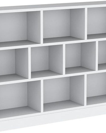 IOTXY Open Shelf Low Bookcase - Wooden 3-Tier Floor Standing Display Cabinet Organizer with Base, 10 Cubes Short Horizontal Bookshelf in Warm White - LeafyLoom