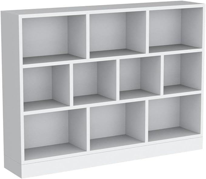 IOTXY Open Shelf Low Bookcase - Wooden 3-Tier Floor Standing Display Cabinet Organizer with Base, 10 Cubes Short Horizontal Bookshelf in Warm White - LeafyLoom
