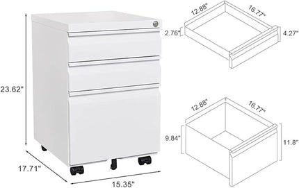 3-Drawer Mobile Lock and 5 Casters,Pre-Assembled Metal Office Storage Filing Cabinets w/ 1 Removable Hanging Rods,for Legal/Letter Size,White - LeafyLoom