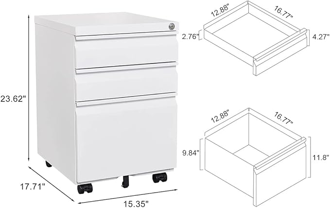 3-Drawer Mobile Lock and 5 Casters,Pre-Assembled Metal Office Storage Filing Cabinets w/ 1 Removable Hanging Rods,for Legal/Letter Size,White - LeafyLoom