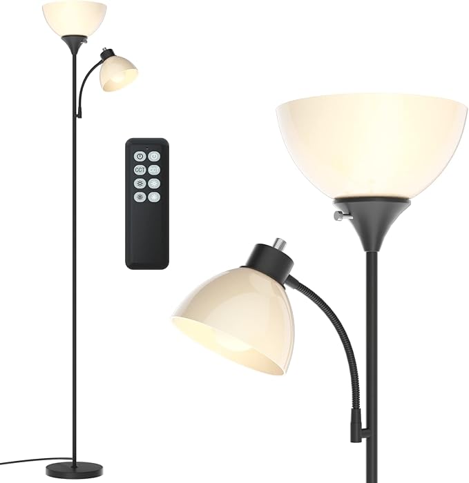 Floor Lamp, Remote Control with 4 Color Temperatures, LED Torchiere Floor Lamp with Adjustable Reading Lamp for Bedroom, Standing Lamps for Living Room, Bulb Included (Matte Black) - LeafyLoom