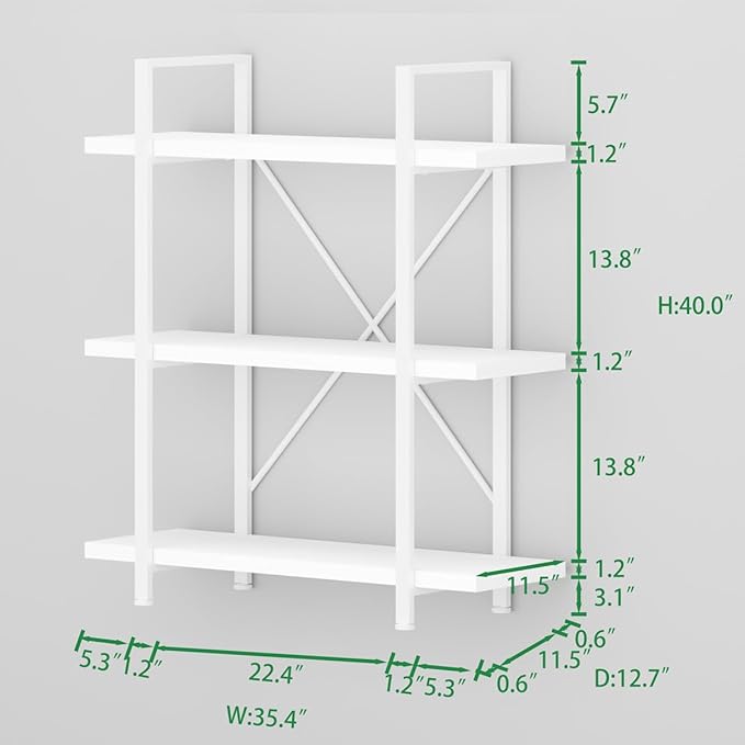 HSH 3 Tier White Bookshelf, Modern Small 3 Shelf Bookcase, Industrial Metal Wood Storage Shelves and Display Book Rack, Farmhouse Open Low Book shelf for Bedroom Living Room Office, White Oak - LeafyLoom