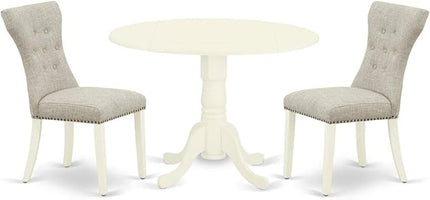 East West Furniture Dublin 3 Piece Room Furniture Set Contains a Round Dining Table with Dropleaf and 2 Doeskin Linen Fabric Upholstered Parson Chairs, 42x42 Inch, DLGA3-WHI-35 - LeafyLoom
