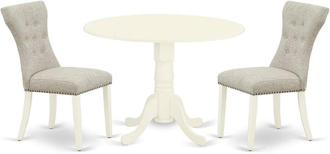East West Furniture Dublin 3 Piece Room Furniture Set Contains a Round Dining Table with Dropleaf and 2 Doeskin Linen Fabric Upholstered Parson Chairs, 42x42 Inch, DLGA3-WHI-35 - LeafyLoom