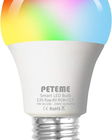 Peteme Smart WiFi Light Bulbs, Led RGB Color Changing Bulbs Compatible with Alexa, Siri,Echo, Google Home, A19 E26 60W Smart Bulbs 1 Pack Peteme