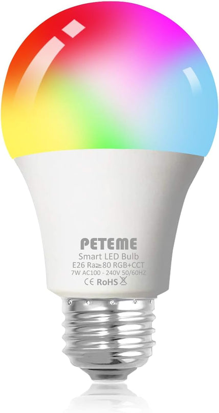 Peteme Smart WiFi Light Bulbs, Led RGB Color Changing Bulbs Compatible with Alexa, Siri,Echo, Google Home, A19 E26 60W Smart Bulbs 1 Pack Peteme