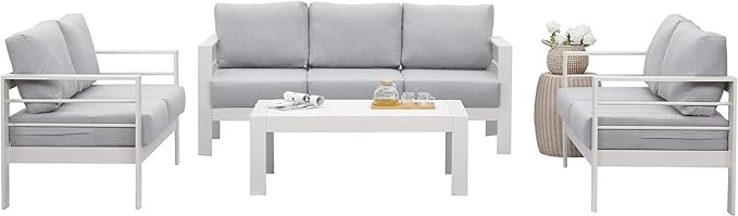 Wisteria Lane Aluminum Outdoor Patio Furniture Set, Modern Patio Conversation Sets, Outdoor Sectional Metal Sofa with 5 Inch Cushion and Coffee Table for Balcony, Garden, Light Grey - LeafyLoom