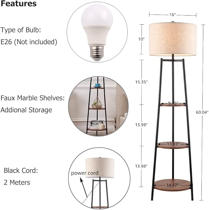 Floor Lamp, Standing Reading Light with Shelves and Fabric Shade, Modern Tall Pole Lamp, Accent Furniture Décor Lighting for Living Room, Bedrooms Black - LeafyLoom