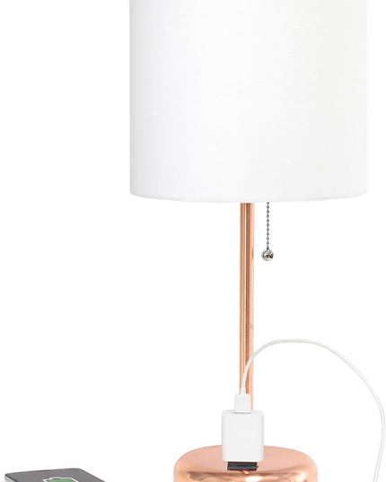 Simple Designs LT1144-RGD Sleek and Slender Rose Gold Table Lamp with Charging Outlet, for Bedroom, Living Room, Entryway, Office, Dining Room, Study, White Shade - LeafyLoom