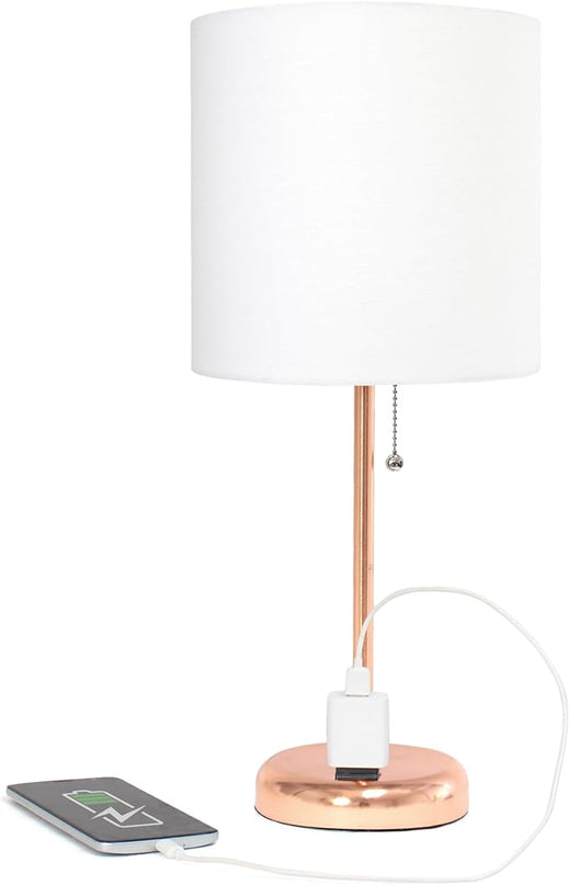 Simple Designs LT1144-RGD Sleek and Slender Rose Gold Table Lamp with Charging Outlet, for Bedroom, Living Room, Entryway, Office, Dining Room, Study, White Shade - LeafyLoom