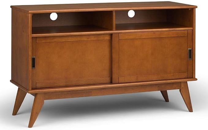 SIMPLIHOME Draper SOLID HARDWOOD 54 Inch Wide Mid Century Modern TV Media Stand in Teak Brown For TVs up to 60 Inches, For the Living Room and Entertainment Center - LeafyLoom