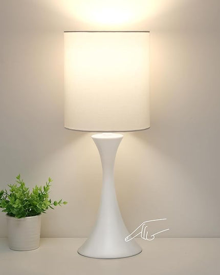 Modern Table Lamps, 3 Way Touch Control Table Lamp, Dimmable Desk Lamp, White Nightstand Lamp with Fabric Shade, Small Bedside Lamp for Living Room, Dorm,Home Office, LED Bulb Included - LeafyLoom