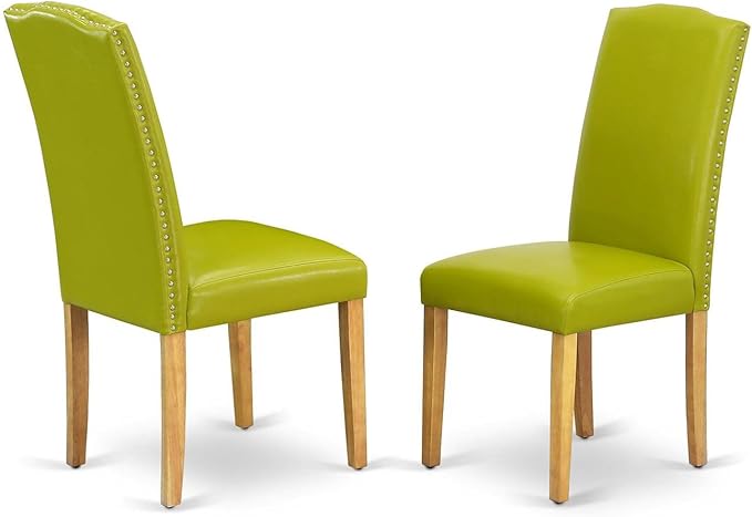 East West Furniture Antique 3 Piece Modern Dining Set Contains a Round Kitchen Table with Pedestal and 2 Autumn Green Faux Leather Upholstered Chairs, 36x36 Inch, ANEN3-OAK-51 - LeafyLoom