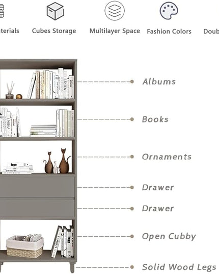 IOTXY Floorstanding Wooden Bookcase with Legs - 67" Tall Open Shelves Cube Billy Bookshelf with Drawers for Home and Office, Grey - LeafyLoom