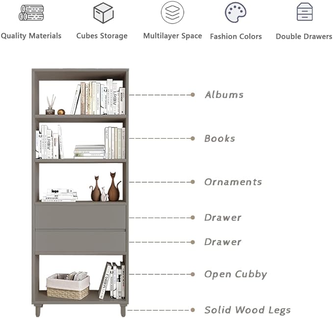 IOTXY Floorstanding Wooden Bookcase with Legs - 67" Tall Open Shelves Cube Billy Bookshelf with Drawers for Home and Office, Grey - LeafyLoom
