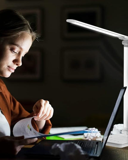 Desk Lamp Eye-Caring LED Table Lamp Dimmable Bedside Lamp with 2 USB Charging Ports and 10 Brightness Levels x 5 Colour Modes Touch Control Daylight Lamp for Office, Bedside, Reading- Auto Timer - LeafyLoom