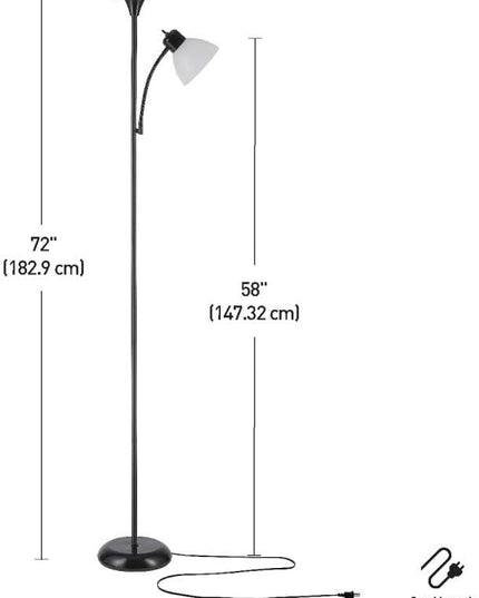 Globe Electric 67135 72" Torchiere Floor Lamp + Adjustable Reading Light, Matte Black, Frosted Plastic Shade, 3-Step Rotary Switch on Socket, Living Room Décor, Reading Light, Home Essentials - LeafyLoom