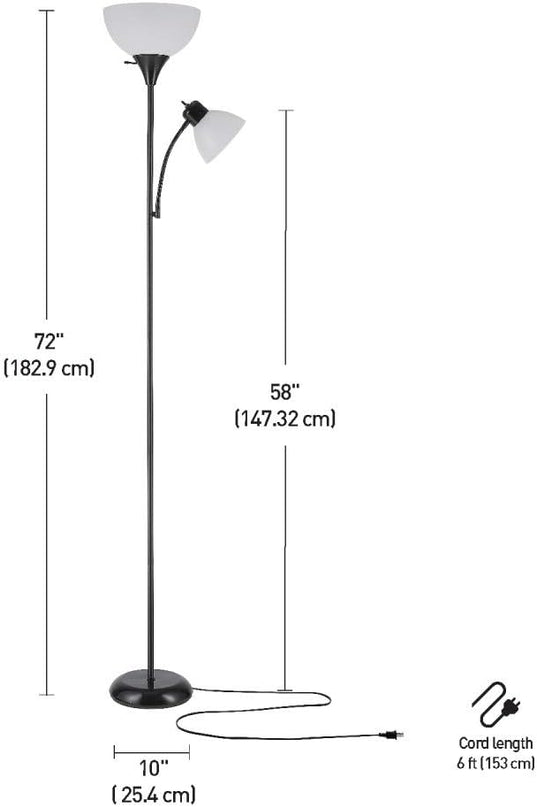 Globe Electric 67135 72" Torchiere Floor Lamp + Adjustable Reading Light, Matte Black, Frosted Plastic Shade, 3-Step Rotary Switch on Socket, Living Room Décor, Reading Light, Home Essentials - LeafyLoom