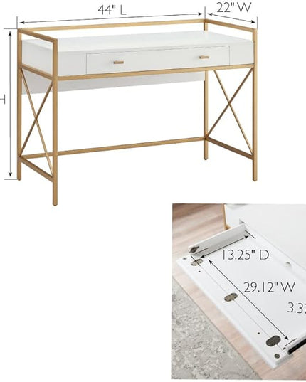 Leick Home Claudette Mixed Metal and Wood Flat Wall Computer Office Writing Desk with Drop Front Keyboard Drawer, White/Satin Gold, 32.13" W - LeafyLoom