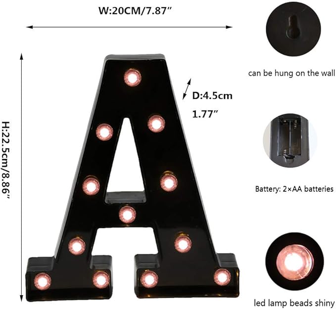 Light Up Black Alphabet Marquee Letters Sign LED Marquee Number Lights Sign for Night Light Home Bar Christmas Lamp Birthday Party Wedding Decoration A - LeafyLoom