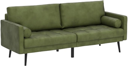 Vonanda Velvet Sofa Couch, Mid Century Modern Craftsmanship 73 inch 3-Seater Sofa with Comfy Tufted Back Cushions and 2 Bolster Pillows for Compact Living Room, Elegant Mustard Green - LeafyLoom