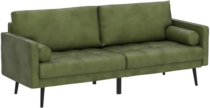 Vonanda Velvet Sofa Couch, Mid Century Modern Craftsmanship 73 inch 3-Seater Sofa with Comfy Tufted Back Cushions and 2 Bolster Pillows for Compact Living Room, Elegant Mustard Green - LeafyLoom