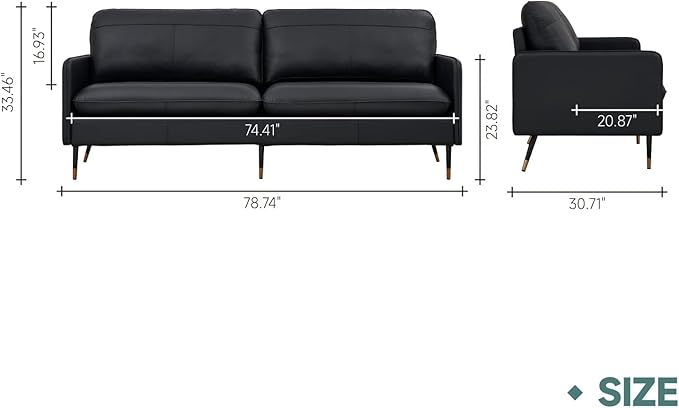 79" Top-Grain Leather Sofa, 3 Seater Leather Couch, Mid-Century Modern Couch for Living Room Bedroom Apartment Office, Black - LeafyLoom