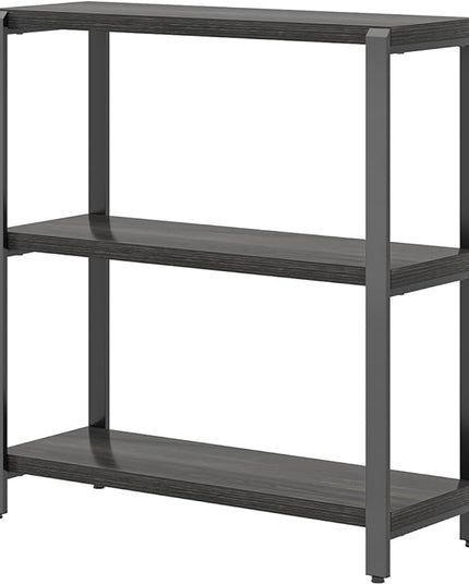 FOLUBAN Rustic Small Bookshelf and Bookcase, 3 Tier Low Short Book Shelf, Industrial Metal and Wood Book Case for Bedroom Living Room, Dark Gray - LeafyLoom