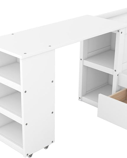 Wood Full Size Platform Bed with Headboard W/Build-in Rolling Desk, Full Bed Frame with Trundle Bed and Storage Drawers for Teens Kids Adults, No Box Spring Needed, White - LeafyLoom